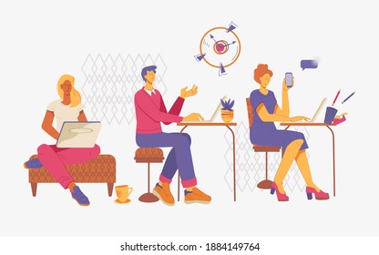 People at office or open workspace, coworking center, flat vector illustration. Business people, men and women  working on computers and laptops in open workplace.