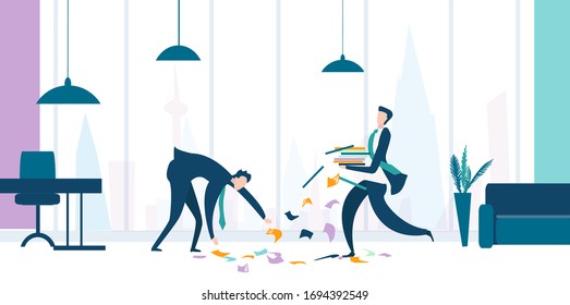 People in office overloaded with work. Drop the files, help each other, working fast. Open plan interior. Business concept illustration 