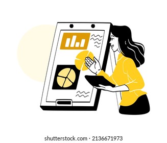People in office. Responsible employee conducts presentation, public speech of young girl. Character with block in his hands, annual report and statistical research. Cartoon flat vector illustration
