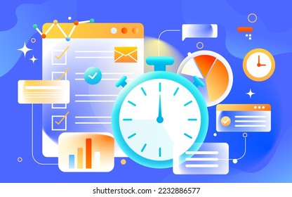 Personas en la escena de la oficina con varias tablas de datos y relojes en el fondo, ilustración vectorial
