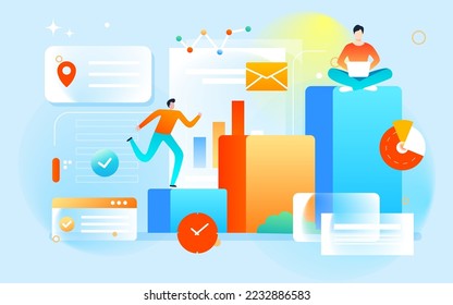 People in the office scene with various data tables and clocks in the background, vector illustration