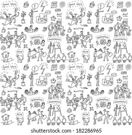 People in office seamless pattern Big group of unrecognizable business people working and creating in the office. Seamless pattern. Black and white doodles vector illustration.