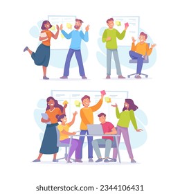 People in Office Sharing Ideas and Brainstorming Vector Set