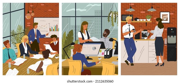 People in office sitting at desks and talking to each other. Business office concept vector posters. Company board meeting and financial presentation. Team work, coffee break next to office cooler