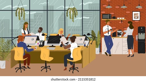 People in office sitting at desks and talking to each other. Business concept vector poster. Team work, coffee break next to office cooler. Modern corporate office interior