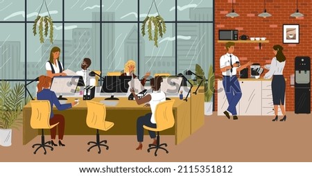 People in office sitting at desks and talking to each other. Business concept vector poster. Team work, coffee break next to office cooler. Modern corporate office interior