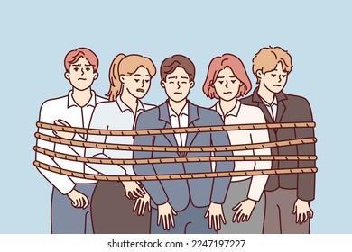 People in office suits tied with rope stand with unhappy face and are sad because poor working conditions. Man and woman employees of company are upset by result of joint activities. Flat vector image