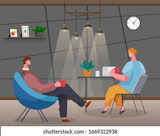 Leute im Büro reden während der Pause. Freundliche Atmosphäre in Gesellschaft der Arbeiter. Mann und Frau genießen Tassen Kaffee zum Mittagessen. Charaktere, die Unternehmensprojekte diskutieren. Vektorillustration im Flachstil