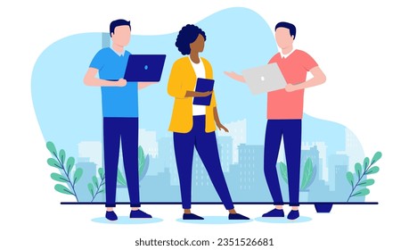 People in office talking - Team of businesspeople in casual clothes working on computers and having conversation. Flat design vector illustration with white background