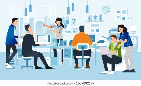 people in office with their activities, discussing, working with computer, with office interior vector illustration. use for infographic, poster and anything.
