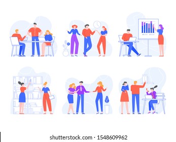 People in office. Training, presentations, meeting and brainstorming, office workers in different business situation vector set. Coworkers chatting at workplace. Colleagues working on business project