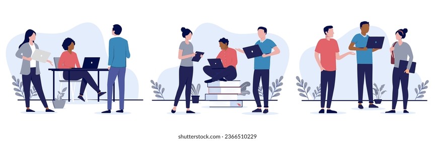 People in office vector collection - Illustration bundle of businesspeople working in teams using computers and having conversation. Flat design on white background