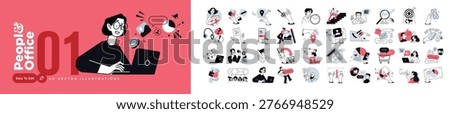 People and office. Vector illustrations of people in various business and management activities. Concepts for graphic and web design, social media, business and marketing material.