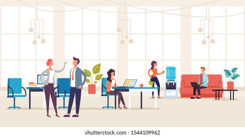 People office workers characters talking and working. Office life interior concept. Vector flat graphic design illustration
