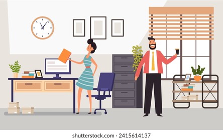 Personajes de los trabajadores de oficina hablando y trabajando. Concepto de interior de vida de oficina. Ilustración de diseño gráfico plano vectorial