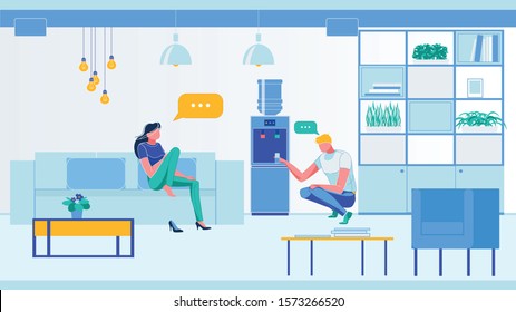 People Office Workers Having Rest at Room Flat Cartoon Vector Illustration. Man Pouring Glass Water form Cooler. Woman Taking Off Shoes and Sitting on Sofa. Collegues Talking. Bubbles with Dots.