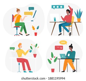People office workers sitting at table vector illustration set. Cartoon employee characters working online with computer or laptop on workplace desk, communicating in office interior isolated on white