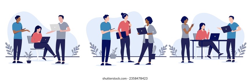 People in office working collection - Set of vector illustrations with businesspeople using laptop computers, talking and doing work together. Flat design with white background