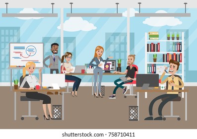 People at office working and discussing business project.