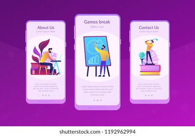 People in office working at the laptop, running presentation and playing golf as a concept of break, office fun, games and stress management. Violet palette. Mobile UI UX app interface template.