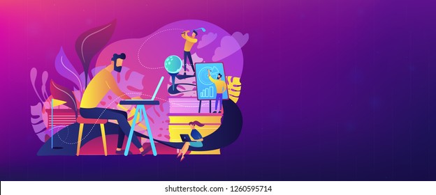 People in office working at the laptop, running presentation and playing golf as a concept of break, office fun, games and stress management. Violet palette. Header or footer banner template.