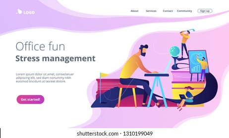 People in office working at the laptop, running presentation and playing golf as a concept of break, office fun, games and stress management. Violet palette. Website landing web page template.