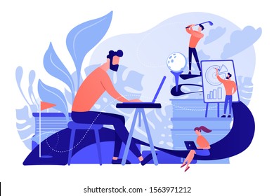 People in office working at the laptop, running presentation and playing golf as a concept of break, office fun, games and stress management. Pinkish coral blue palette. Vector illustration on