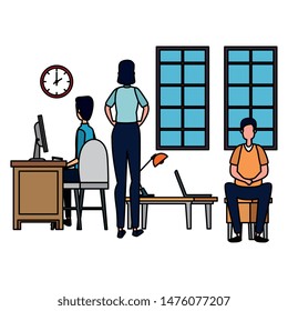 people in office workplace scene with laptop and desktop