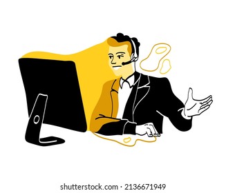 People in office. Young man in suit sitting in headphones in front of monitor. Technical support and call center. Voice assistant, feedback and customer service. Cartoon flat vector illustration