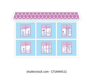 People in offices flat color vector illustration. Presentation for coworker. Startup jobs. Corporate building with employees. Workers 2D cartoon characters inside with interior on background