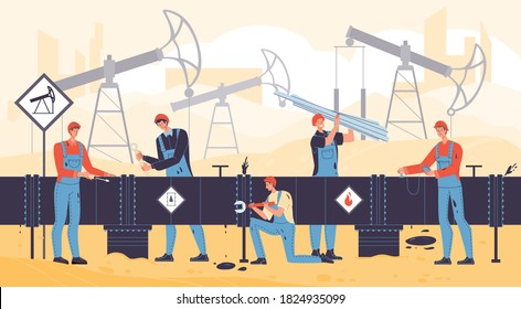 People oilman in overalls working at oil pipeline construction site. Operator controlling measuring pressure, inspecting repair pipe, welding, servicing. Production line petrol refinery maintenance