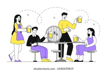 People with oktoberfest simple. Men and woman with glasses with beer and alcoholic products. Traditional german holiday and festival. Doodle flat vector illustration isolated on white background