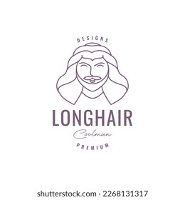 people old man mustache bearded long hair cool line minimal hipster logo design vector