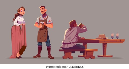 Gente en taberna antigua, camarera, camarero y hombre sentados en una mesa de madera con sombrero de vaquero y velas. Juego de personajes de dibujos animados en un pub vintage, una anfitriona, un barman y una cerveza de consumo