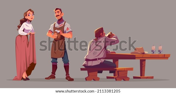 People in old tavern, waitress, bartender and man\
sitting at wooden table with cowboy hat and candles. Vector cartoon\
set of characters in vintage pub, girl hostess, barman and client\
drinks beer
