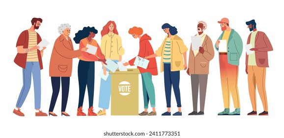 People Older, younger ,different races and skin colors holding ballot papers in their hands putting paper vote into box. Election, Democracy, Freedom of speech, justice voting and opinion.Referendum 