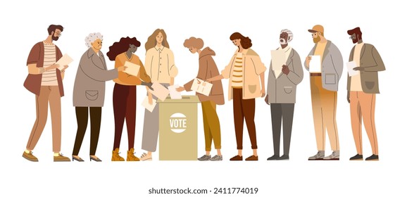 People Older, younger ,different races and skin colors  holding ballot papers in their hands putting paper vote into the box. Election, Democracy, Freedom of speech, justice voting and opinion