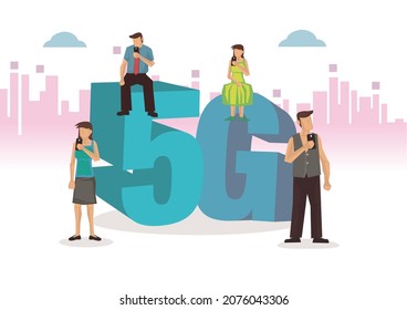 People on 5G text. Wireless system connection industrial technology concept. Vector illustration