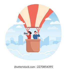 People on air balloon. Man and woman traveling with binoculars in their hands. Adventure and travel, romantic date. Couple finding work, searching for vacancies. Cartoon flat vector illustration