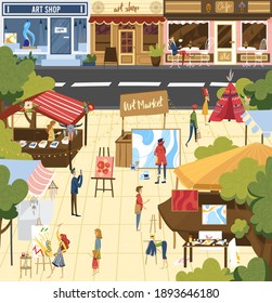 People on art market vector illustration. Cartoon flat buyer customer characters buying books or art objects at city street fair marketplace or small shop stall, artists sell paintings background