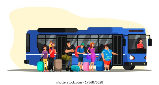 People on auto station. Man, woman, kid standing near transport, waiting for passenger boarding. Driver in city blue big bus. Citizen, urban infrastructure concept. Vector character illustration