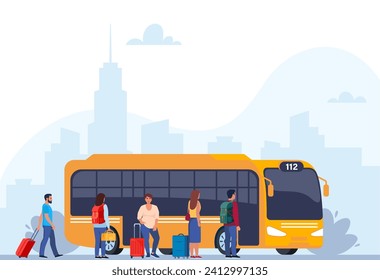 Gente en la estación de autos. Hombre, mujer de pie cerca del transporte, esperando el embarque de pasajeros. Concepto ciudadano, infraestructura urbana. Ilustración del vector