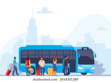 Gente en la estación de autos. Hombre, mujer de pie cerca del transporte, esperando el embarque de pasajeros. Concepto ciudadano, infraestructura urbana. Ilustración del vector