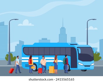 Gente en la estación de autos. Hombre, mujer de pie cerca del transporte, esperando el embarque de pasajeros. Concepto ciudadano, infraestructura urbana. Ilustración del vector