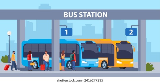 People on auto station. Man, woman standing near transport, waiting for passenger boarding. Citizen, urban infrastructure concept. Vector illustration