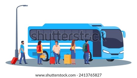 People on auto station. Man, woman standing near transport, waiting for passenger boarding. Citizen, urban infrastructure concept. Vector illustration