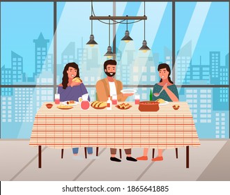 People On The Background Of A Large Panoramic Window. Characters Eating Mexican Cuisine Dishes. Dining Table With Tacos And Burritos. Arrangement Of Furniture. Family With Mexican Food On The Table