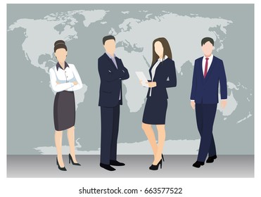 People on the background of the world map. Business concept illustration. Teamwork. Flat style vector business illustration.