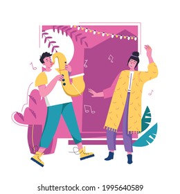 People on backyard musical party vector illustration. Man playing the saxophone, woman dancing outdoor. Cartoon flat young friends, teen have fun and leisure at backyard bbq grilling picnic poster.