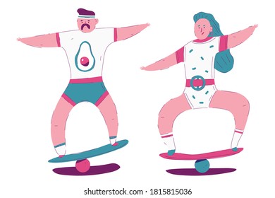 People on balance board doing fitness exercises vector cartoon illustration isolated on a white background.